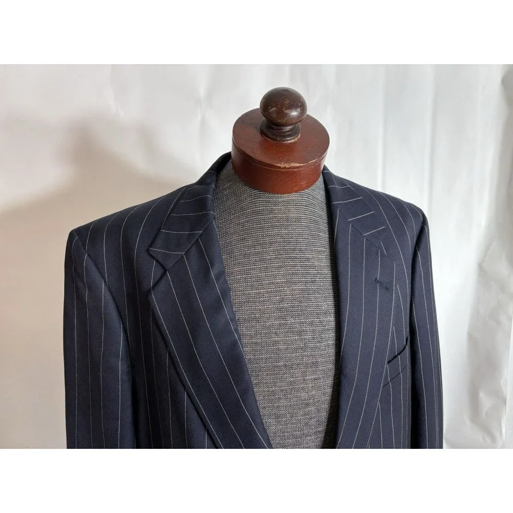 Vtg Men's 46R Holland & Sherry Navy Blue Wool Striped Bespoke Blazer USA EUC